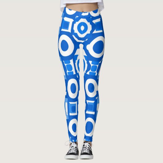 Levendige Blauw Witte Cirkel Vierkante Leggings (Voorkant)