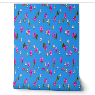 Levendige blauwe bloemenbehang | Roze bloem & knop Behang