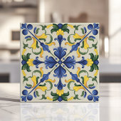 Levendige blauwe en gele mediterrane bloemen tegeltje