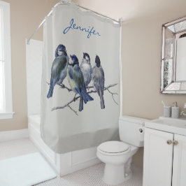 Levendige blauwe en grijze vogels op een Vintage v Douchegordijn