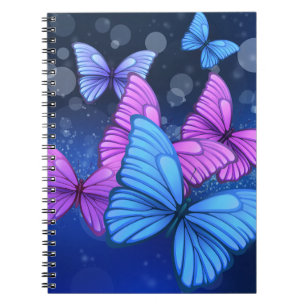 Levendige blauwe en roze vlinderkunst notitieboek