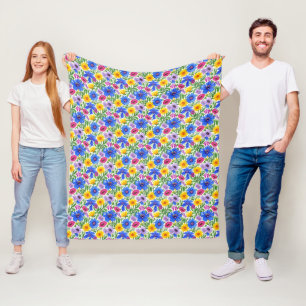 Levendige Blauwe Gele Rode Paarse Bloemen Patroon Fleece Deken