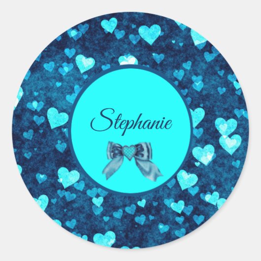 Levendige blauwe harten ronde sticker (Voorkant)