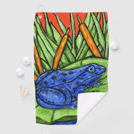 Levendige Blauwe Kikker Zwarte Vlekken Lily Pad Re Golfhanddoek (Insitu)