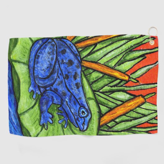 Levendige Blauwe Kikker Zwarte Vlekken Lily Pad Re Golfhanddoek (Horizontaal)