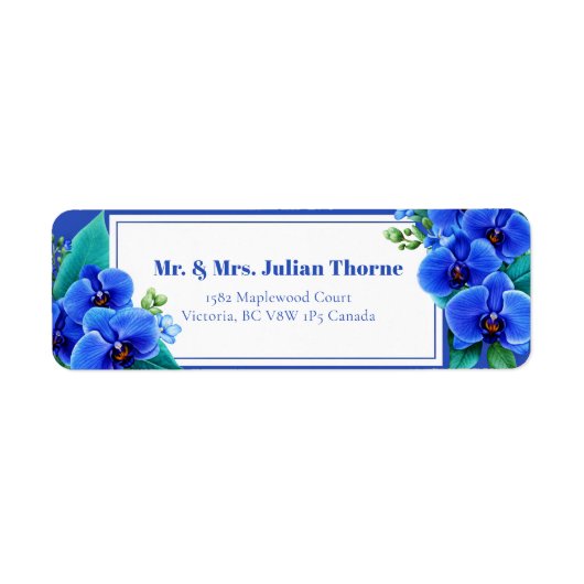 Levendige Blauwe Orchidee Botanisch Retouradres Etiket (Voorkant)
