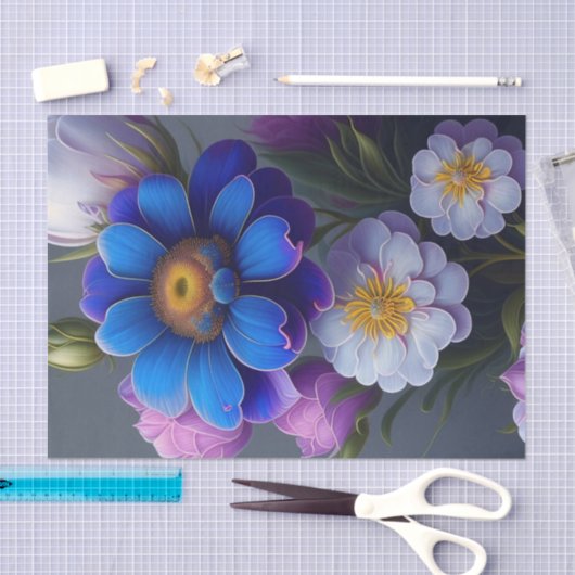 Levendige Blauwe, Paarse Fantasy Tuinbloemen Tissuepapier (Craft)