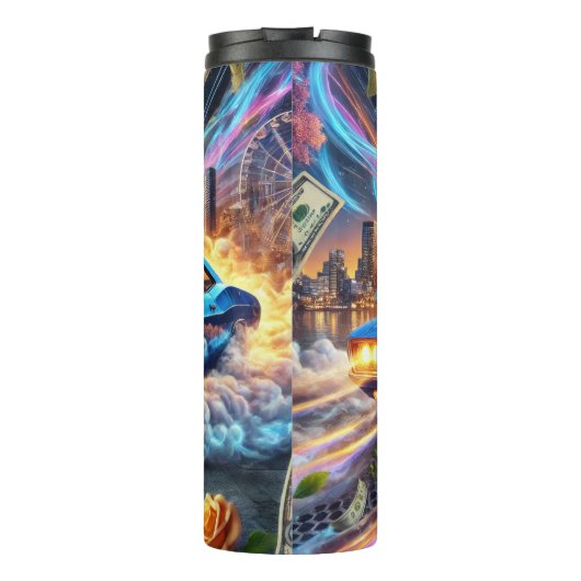 Levendige blauwe spier auto met stad achtergrond thermosbeker (Achterkant)