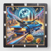 Levendige blauwe spier auto met stad achtergrond vierkante klok (Voorkant)