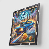 Levendige blauwe spier auto met stad achtergrond vierkante klok (Hoek)