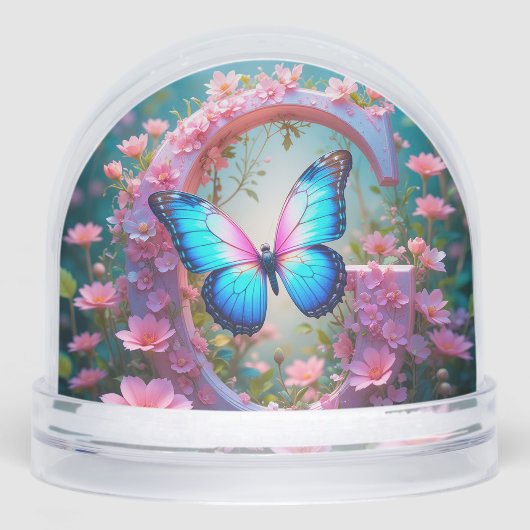 Levendige Blauwe Vlinder op Floral Decorated Lette Sneeuwbol (Voorkant)