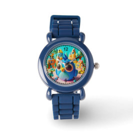 Levendige blauwe vogel met oversized ogen horloge
