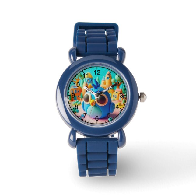 Levendige blauwe vogel met oversized ogen horloge (Voorkant)