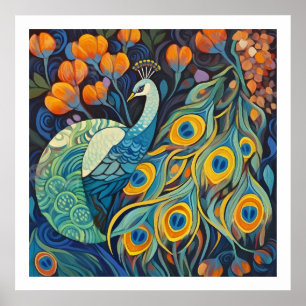 Levendige Blauwe waterkleur Peacock Poster