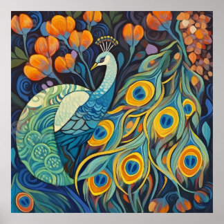 Levendige Blauwe waterkleur Peacock Poster