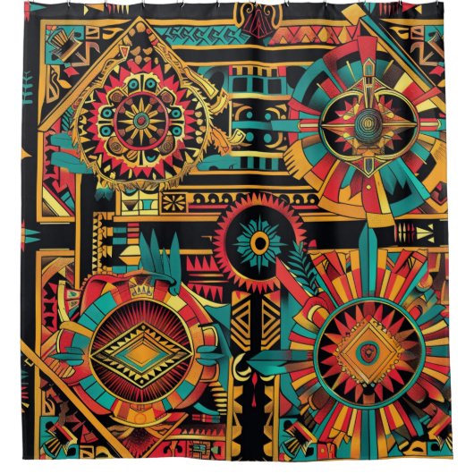 Levendige Blauwgroen "Aztec Dream" Chic Badkamer D Douchegordijn (Voorkant)
