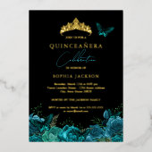 Levendige Blauwgroen Blauwe Zwarte Vlinder Quincea Folie Uitnodiging (Voorkant)