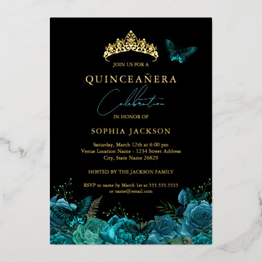 Levendige Blauwgroen Blauwe Zwarte Vlinder Quincea Folie Uitnodiging (Voorkant)