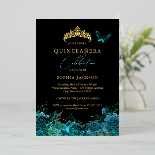 Levendige Blauwgroen Blauwe Zwarte Vlinder Quincea Folie Uitnodiging (Staand Voorkant)