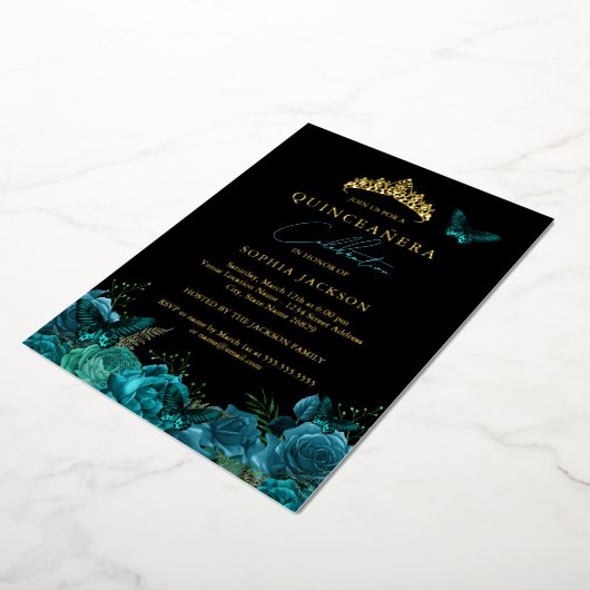 Levendige Blauwgroen Blauwe Zwarte Vlinder Quincea Folie Uitnodiging (Gedraaid)