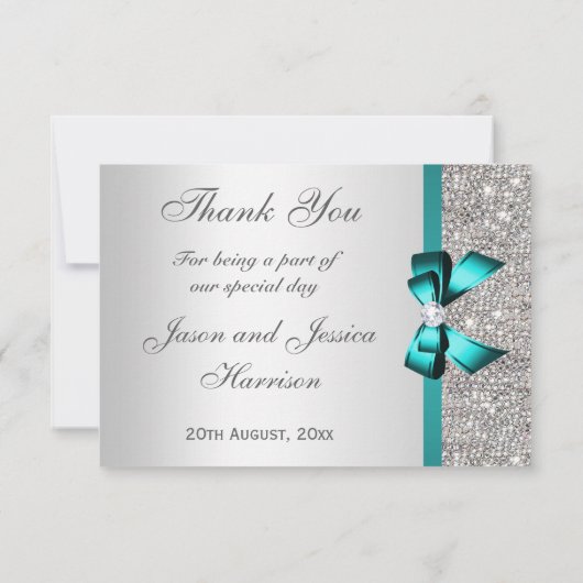 Levendige Blauwgroen Bow Silver Diamonds Dank u we Bedankkaart (Achterkant)