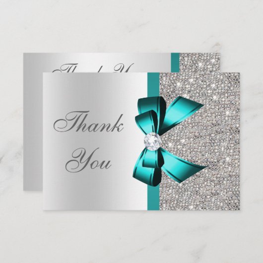 Levendige Blauwgroen Bow Silver Diamonds Dank u we Bedankkaart (Voorkant / Achterkant)