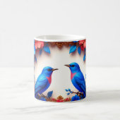 Levendige blauwvogels rusten tussen kleurrijke blo koffiemok (Center)
