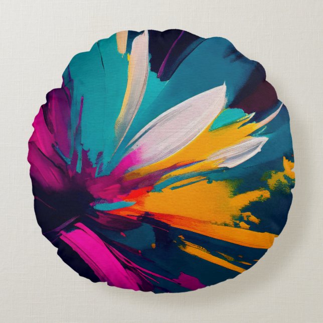 Levendige Bloei – Explosieve Abstracte Bloemige En Rond Kussen (Voorkant)