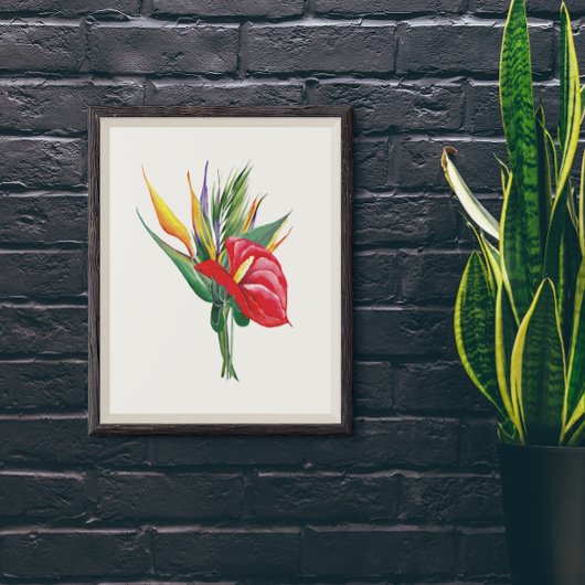 Levendige bloei van rode anthurium vogels van het  poster