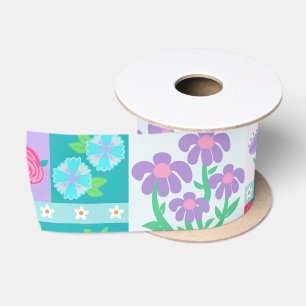 Levendige Bloeiende Bloemen Ontwerp Satijnen Lint