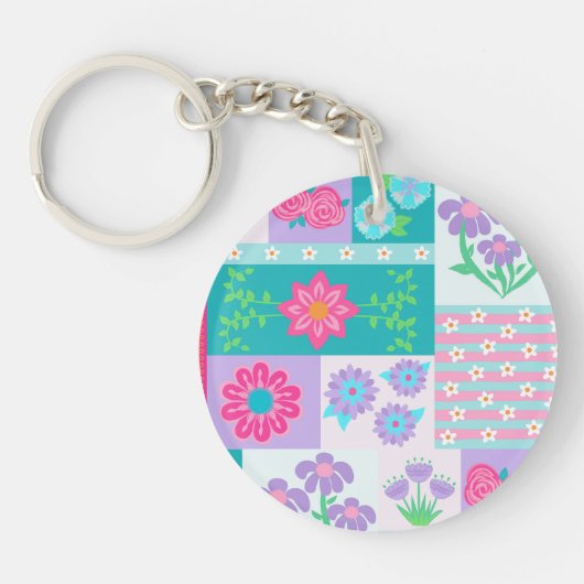 Levendige Bloeiende Bloemen Ontwerp Sleutelhanger (Voorkant)