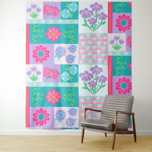 Levendige Bloeiende Bloemen Ontwerp Wandkleed (In situ)