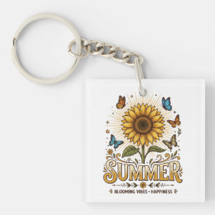 Levendige bloeiende zomer zonnebloem met vlinders sleutelhanger