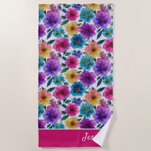 Levendige Bloemen Bloemen Waterverf Bloemen Naam Strandlaken (Voorkant)