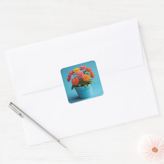 Levendige Bloemen Botanische Kunst, Zinnia Bloemen Vierkante Sticker (Envelop)
