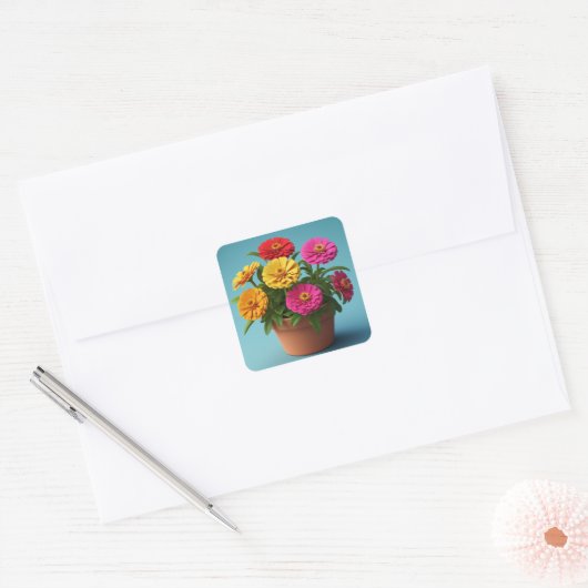 Levendige Bloemen Botanische Kunst, Zinnia Bloemen Vierkante Sticker (Envelop)