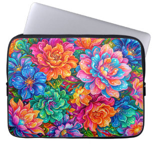 Levendige Bloemen Droomlandschap – Psychedelische Laptop Sleeve