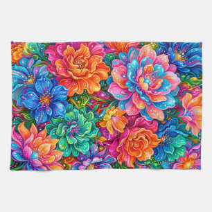 Levendige Bloemen Droomlandschap – Psychedelische Theedoek