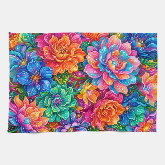 Levendige Bloemen Droomlandschap – Psychedelische Theedoek (Horizontaal)