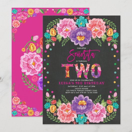 Levendige Bloemen Fiesta Senorita Meisje 2e Verjaa Kaart (Voorkant / Achterkant)