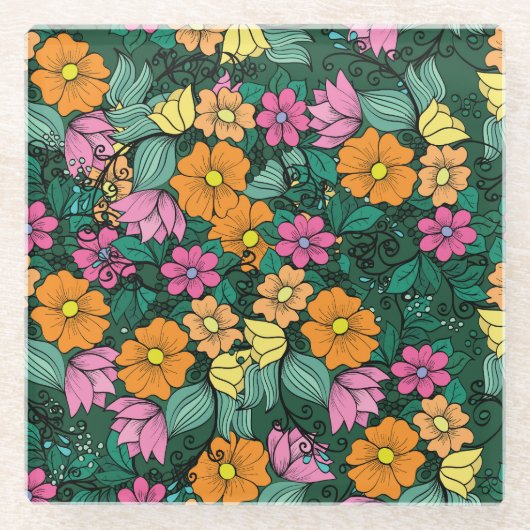 Levendige bloemen: groene achtergrond . glazen onderzetter (Voorkant)