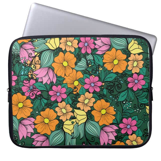 Levendige bloemen: groene achtergrond . laptop sleeve (Voorkant)
