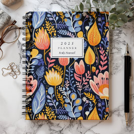 Levendige Bloemen Hand geschilderd Blauw Monogram  Planner