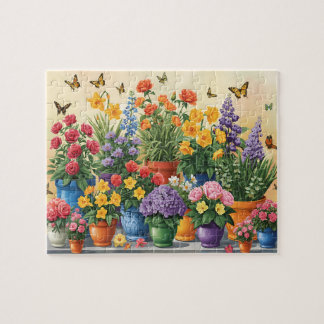 Levendige bloemen in potten en vlinders legpuzzel