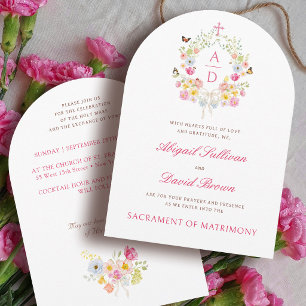 Levendige bloemen kader monogrammen katholieke bru kaart
