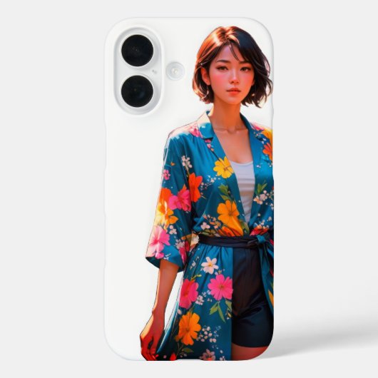 Levendige Bloemen Kimono iPhone 16 Hoesje (Achterkant)