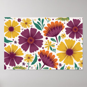Levendige bloemen met Paarse en gele bloemen Poster