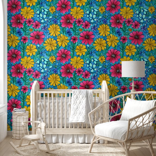 Levendige bloemen Roze Geel Blauw Mooi patroon Behang (Kinderen)