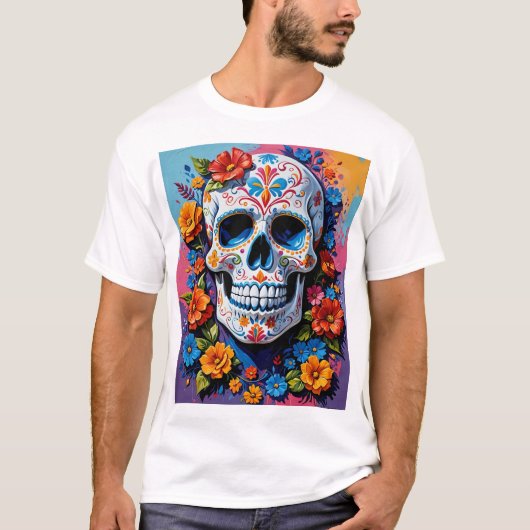 Levendige Bloemen Suiker Schedel Art T-Shirt voor  (Voorkant)