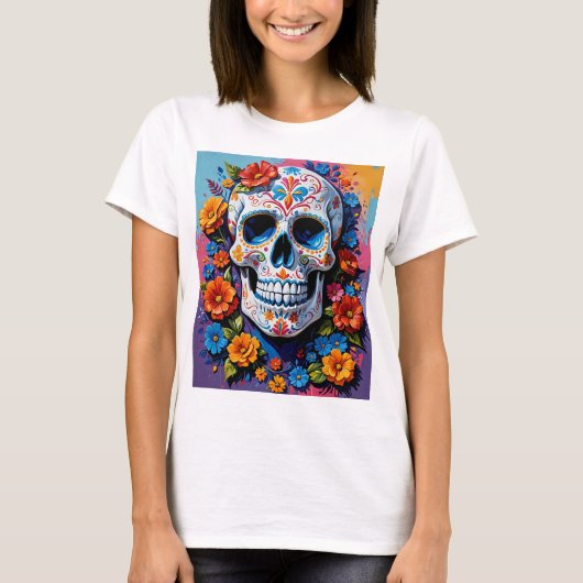 Levendige Bloemen Suiker Schedel Art T-Shirt voor (Voorkant)